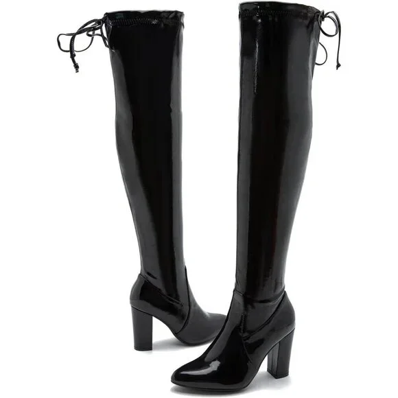 Women Black Pu Leather Pointed Toe Zipper Over The Knee Thigh High Long Boots - Picture 7 of 8